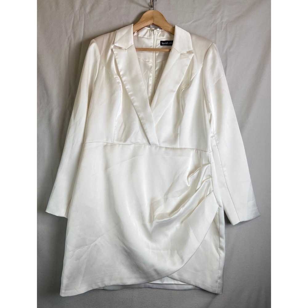 Lavish Alice White Tuxedo Blazer Wrap Dress US 14 Satin Ruched Cocktail Party